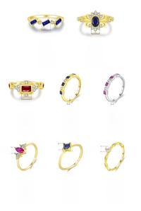 Matrix view of S925 silver rings with colorful gemstones and detailed size specifications