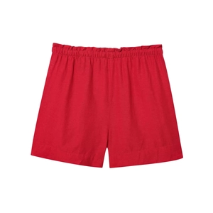 Detail of red linen blend casual shorts featuring a drawstring elastic ruffled waistband