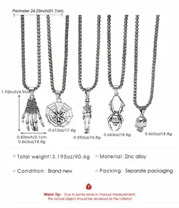 Detailed view of five gothic necklaces featuring spiderweb, skull, and skeletal hand pendants