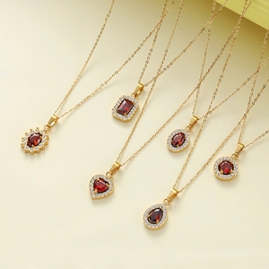 Gold 18K plated stainless steel necklaces featuring various red zircon pendant shapes