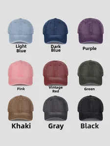 Grid view showing nine colors of vintage washed denim baseball caps for men and women