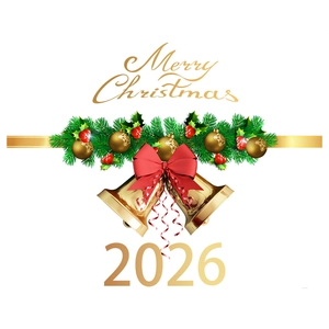 Christmas window sticker with golden bells, pine needles and Merry Christmas 2026 lettering