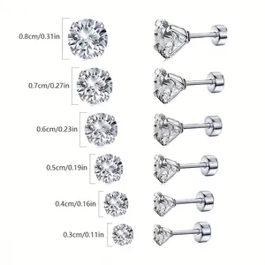 8mm round cubic zirconia stud earrings in various sizes with stainless steel bases