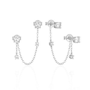Close-up of S925 sterling silver chain tassel star earrings with sparkling cubic zirconia
