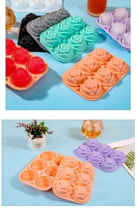 Various colored silicone 6-cavity rose ice molds with finished rose flower ice cubes