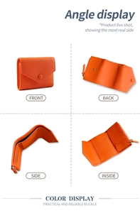 Slim orange pebbled leather wallet featuring four views of card slots and metal snap