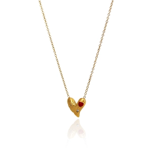 Collier plaqué or 18K avec pendentif cœur 3D orné d'une pierre rouge et diamant blanc