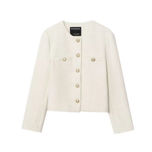 Veste classique en tweed crème avec boutons dorés gaufrés au style vintage français