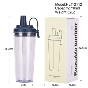 710ml reusable double-wall boba tumbler with blue lid, straw and retail packaging box