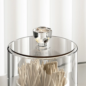 Clear glass organizer jar with crystal lid handle for cotton swabs and toothpicks