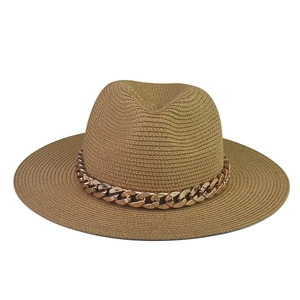 Khaki hand-woven straw boater hat featuring a stylish thick gold chain link decoration