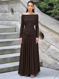 French style off-shoulder pleated long sleeve dress in coffee brown for women
