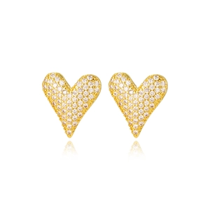 18k gold plated heart stud earrings with full pavé cubic zirconia on white background