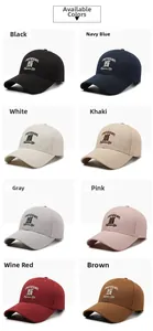 Macro display of embroidered baseball caps in eight classic colors with letter details