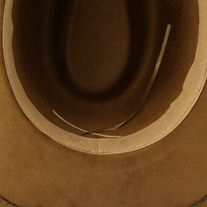 Detail of western suede hat interior showing adjustable drawstring and sweatband