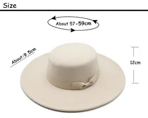 Size chart for flat top wool felt hat showing 9.5cm brim and 57-59cm circumference