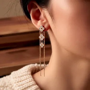Elegant 18K gold plated floral tassel earrings with sparkling zircon for women