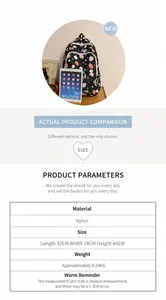 Detailed size specifications and strawberry print nylon backpack material overview