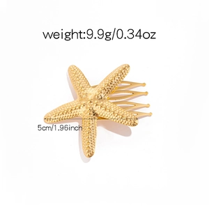 Detail view of golden starfish hair comb with dimensions 5cm length and 9.9g weight
