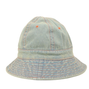 Retro light blue washed denim bucket hat with orange contrast stitching on white background