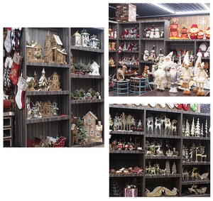Detailed shelf display featuring various festive fabric pumpkins and wooden ornaments