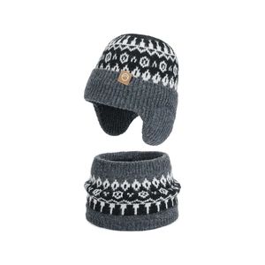 Winter knitted beanie and neck warmer set with Nordic geometric pattern and fleece lining
