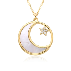 Golden crescent moon and star necklace with white shell inlay and sparkling zircons