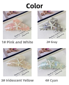 Four colors of acetate starfish hair claws with pearlescent finish on linen background