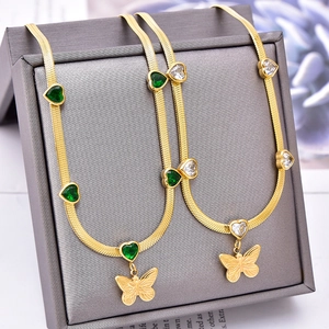 Titanium Steel Butterfly Heart Cubic Zirconia Pendant Necklace For Women Herringbone Blade Snake Chain Elegant Jewelry