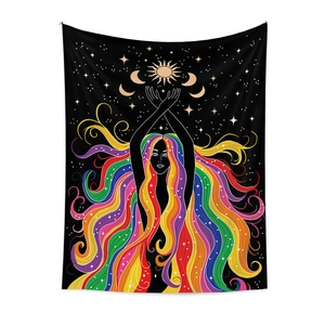 Bohemian sun and moon tapestry with celestial rainbow hair woman on black background