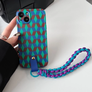 iPhone case with geometric 3D pattern and blue-purple braided wrist strap lanyard