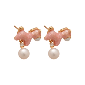 Pink enamel rocking horse earrings with pearl pendants and zircon studs for women