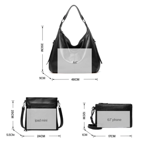 Dimensions of 3-piece vintage soft leather tote set showing A4 and iPad capacity