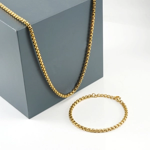 18K gold-plated stainless steel pearl box chain necklace and bracelet set jewelry