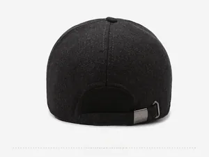 Rear view of thick grey wool blend baseball cap with adjustable metal buckle detail