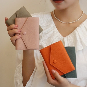 Women Genuine Cowhide Leather Wallet Lychee Texture Trifold Envelope Small Card Holder Multi Slot Snap Button Minimalist