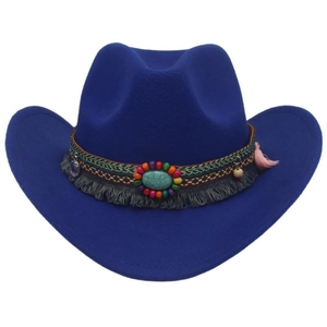 Blue felt cowboy hat with ethnic beaded band, turquoise stone, and fringe details