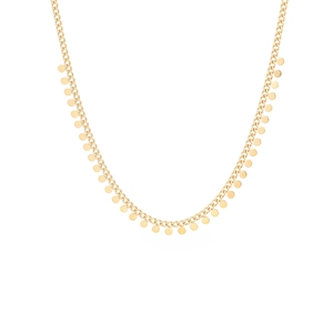 Detailed view of layered gold titanium necklace with dangling mini circular disc pendants