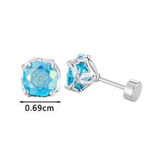 Silver titanium steel screw back stud earrings with 0.69cm blue rose cut faceted gemstone