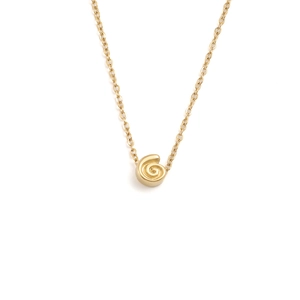 Macro view of gold-plated spiral bead pendant on a minimalist stainless steel chain