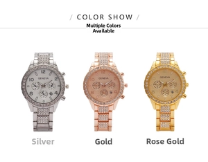 Detailed view of three iced-out Geneva watches in gold, silver, and rose gold finishes