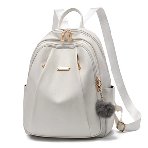 Women Fashion Backpack PU Leather With Fur Ball Pendant Large Capacity School Travel Bag Lychee Texture Gold Hardware