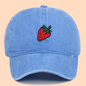 Washed blue cotton baseball cap featuring high-quality strawberry embroidery on the front