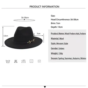 Black wool fedora with metal buckle strap showing 56-58cm sizing specifications