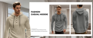 Detail of linen henley hoodie featuring buttoned neck, drawstring hood and curved hemline