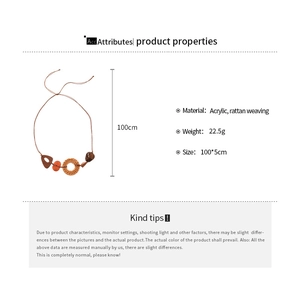 Detailed size chart showing materials acrylic and rattan for bohemian pendant necklace