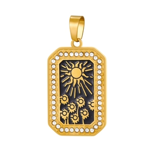 Detail of gold rectangular pendant featuring a sun sunflower motif and zircon stones