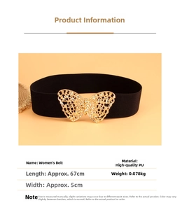 Detailed size parameters for the elastic butterfly buckle belt with gold finish