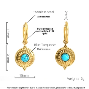 Detailed view of stainless steel turquoise earrings with size measurements and 18K gold finish