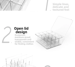 Detail of transparent underwear organizer showing dustproof lid and multi-grid storage design
